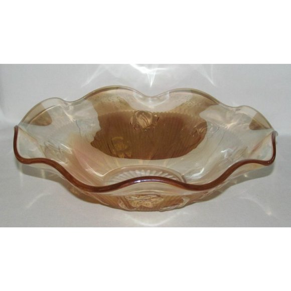 Jeannette Glass IRIS AND HERRINGBONE Marigold Iridescent Lg Ruffled Fruit Bowl - Picture 1 of 4